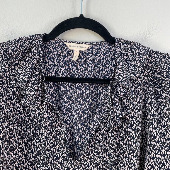 Rebecca Taylor Womens 6 Blouse 100% Silk Ruffle Shirt Long Sleeve Front Neck Tie - Picture 9 of 11